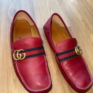 Gucci Red Leather Slip-On Loafers with Gold Accent